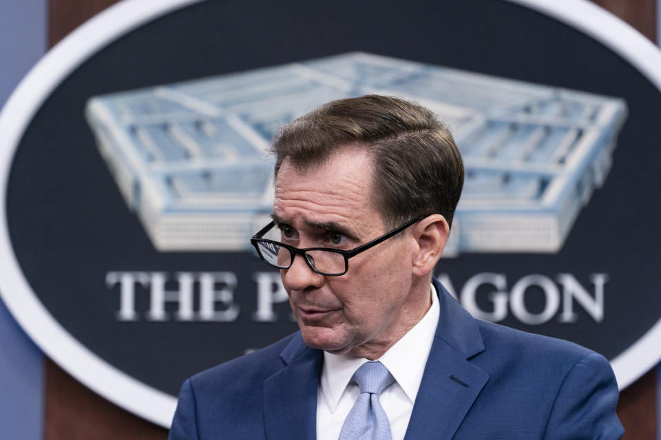 Pentagon spokesman John Kirby speaks during a media briefing at the Pentagon, Monday, Oct. 25, 2021, in Washington. (AP Photo/Alex Brandon)