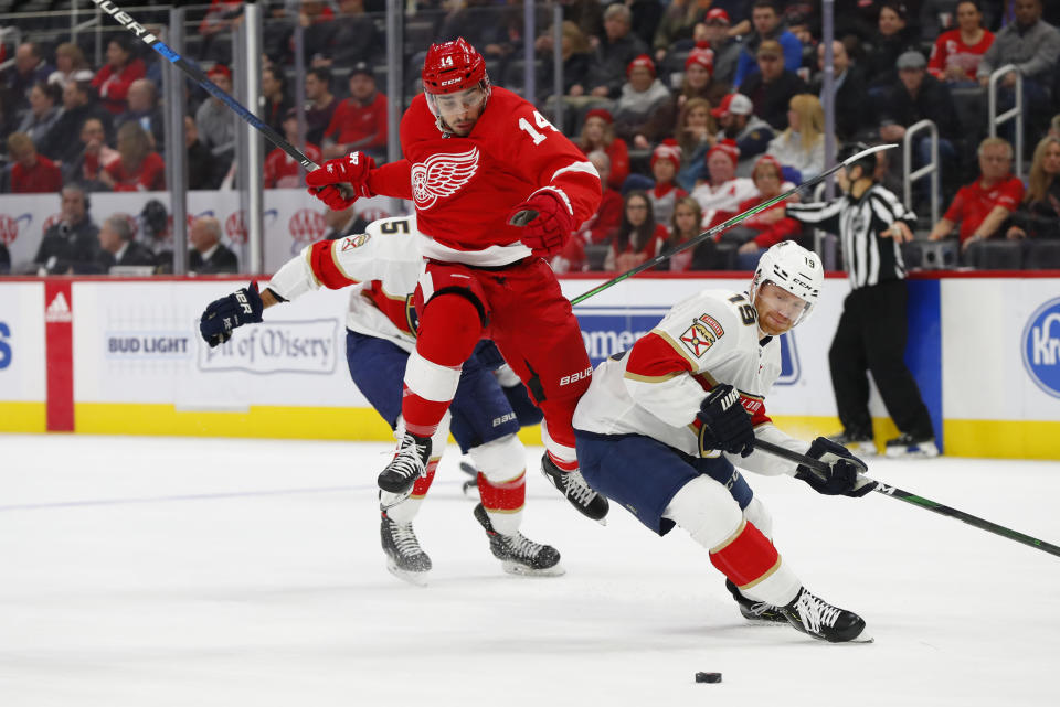 Detroit Red Wings center Robby Fabbri (14) tries to jump around Florida Panthers defenseman Mike Matheson (19) for the puck during the first period of an NHL hockey game Saturday, Jan. 18, 2020, in Detroit. (AP Photo/Paul Sancya)