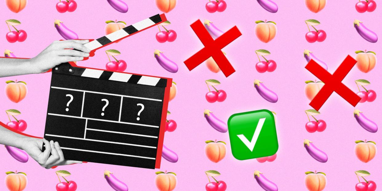 Hands holding a clapperboard with question marks on it next to large tick and cross emojis, on a pink background with peach, cherry, and eggplant emojis