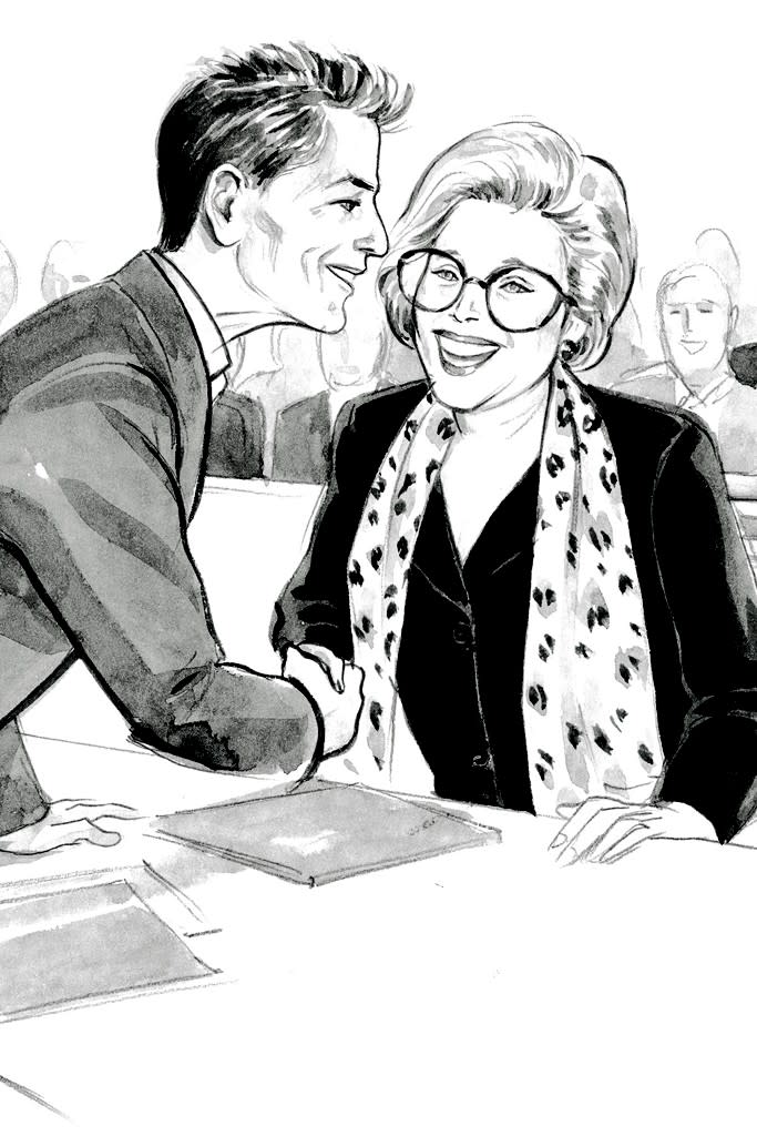 An illustration of Calvin Klein and Linda Wachner by Glenn Tunstull.