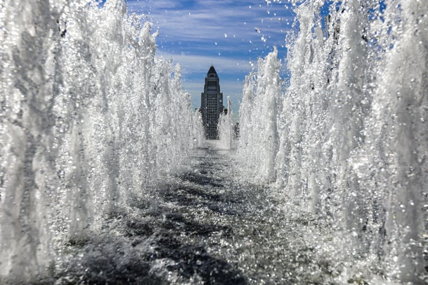 The fountain at the Music Center Plaza in downtown L.A. is unusually empty on a very hot Wednesday.