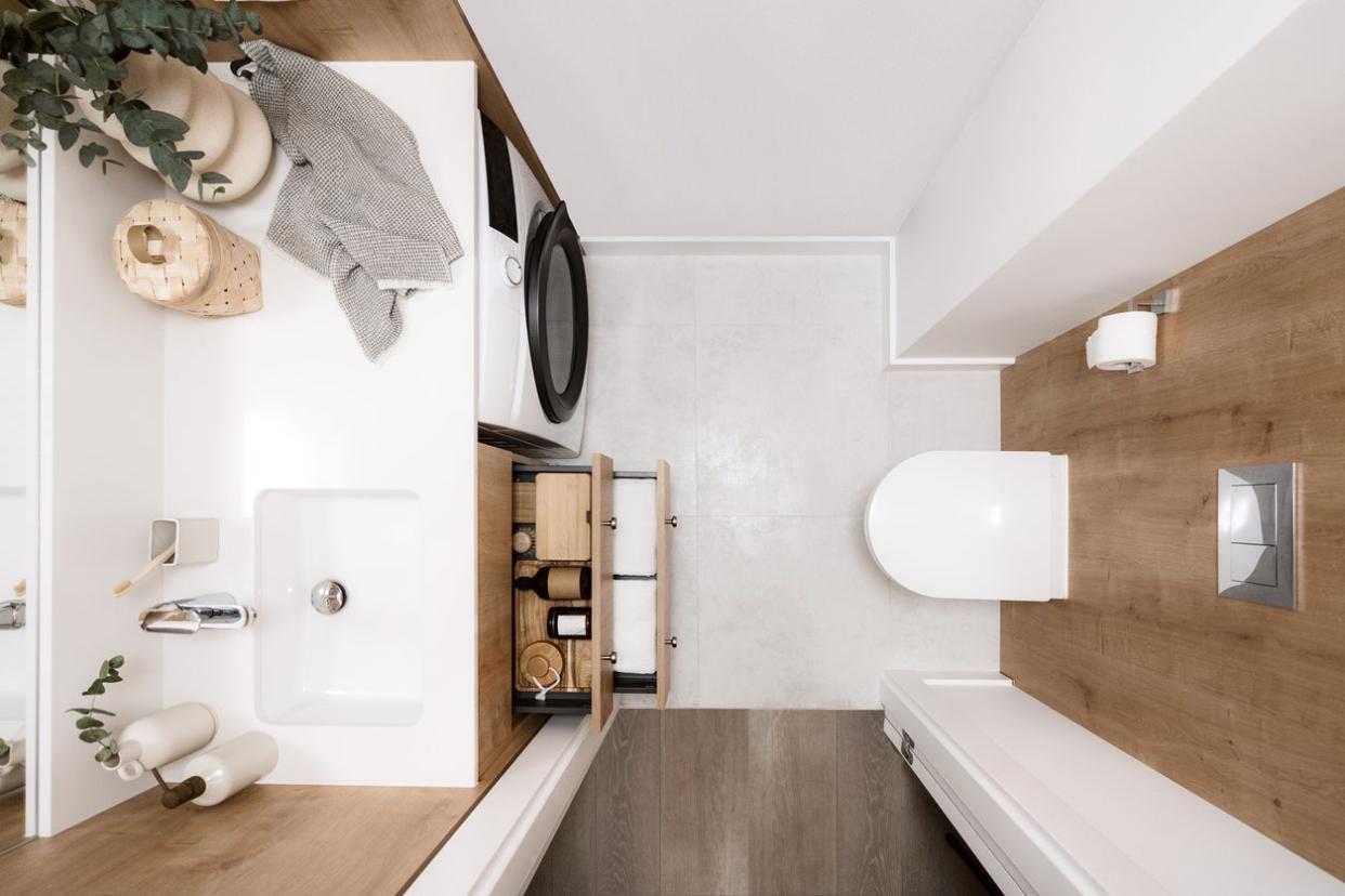 Overhead View of Tiny Natural-Themed Bathroom