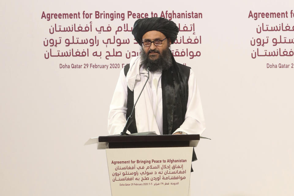 Mullah Abdul Ghani Baradar, the Taliban group's top political leader speaks before signing a peace agreement between Taliban and U.S. officials in Doha, Qatar, Saturday, Feb. 29, 2020. The United States is poised to sign a peace agreement with Taliban militants on Saturday aimed at bringing an end to 18 years of bloodshed in Afghanistan and allowing U.S. troops to return home from America's longest war. (AP Photo/Hussein Sayed)