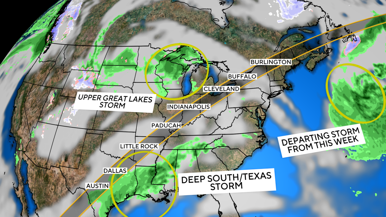 Map shows forecasted cloud cover and storm systems in the continental U.S. for April 8, 2024. / Credit: CBS News