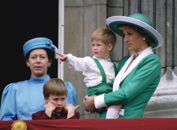 <div class="inline-image__caption"><p>Diana, Princess Of Wales, holds Prince Harry, Prince William below, and Princess Margaret, left, on Buckingham Palace balcony.</p></div> <div class="inline-image__credit">Tim Graham Photo Library via Getty Images</div>