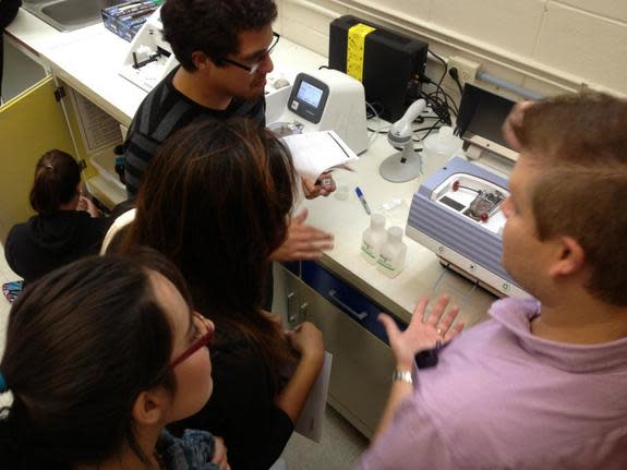 During a workshop, students at the University of Puerto Rico at Mayaguez genotype samples using a new Ion Torrent Personal Genome Machine at the newly established Caribbean Genome Center. Here, Jason Mitchell, a technician from the National Can