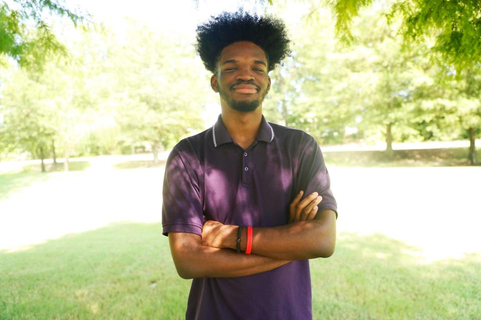 Rhodes College sophomore Brandon Washington is running for city council. Brandon poses for a portrait on July 28, 2023 in the patio area of Youth Villages in Bartlett, Tennessee.