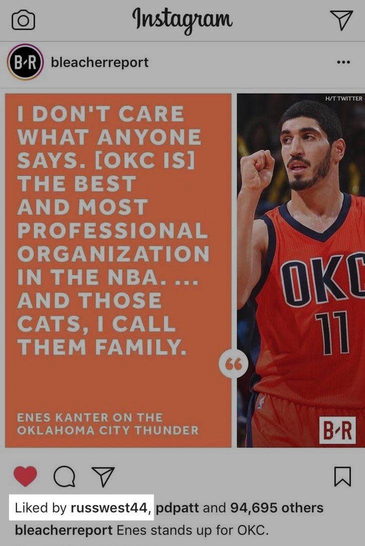 Russell Westbrook endorses Enes Kanter’s pro-Thunder stance in opposition to Kevin Durant. (r/NBA)