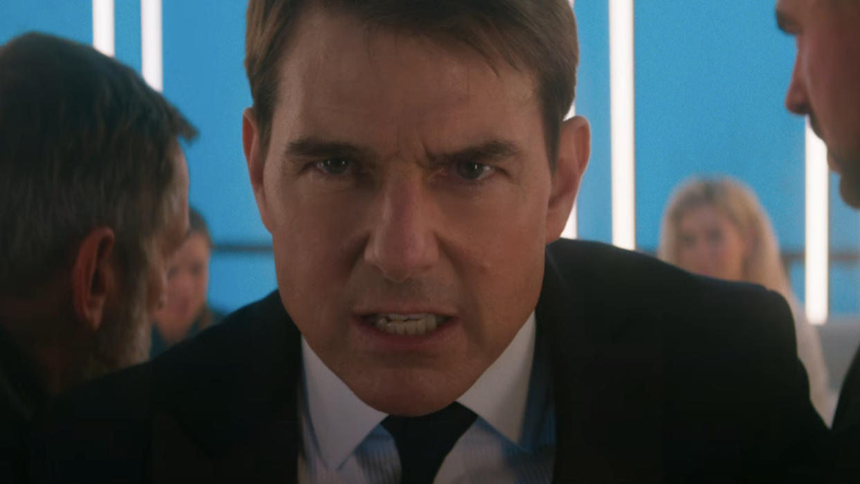  An angry Tom Cruise being held back in Mission: Impossible - Dead Reckoning Part One. 