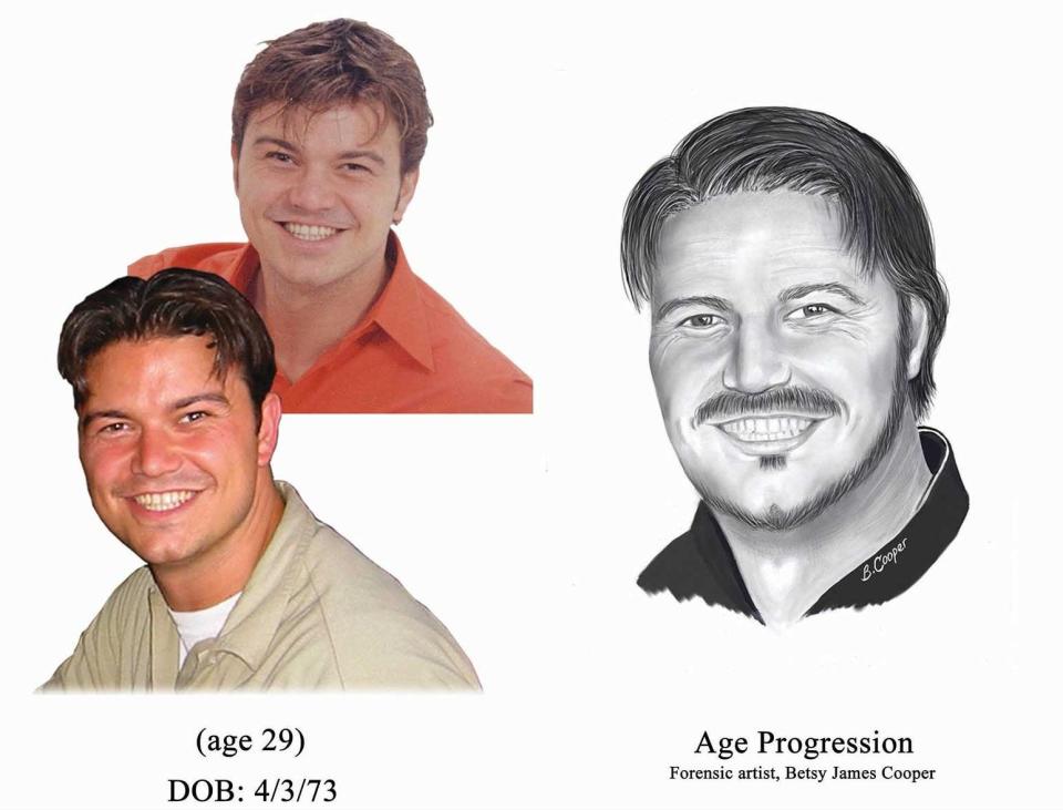A composite of photographs of Leominster native Michael Wallace from when he disappeared 19 years ago, at age 29, and a drawing of what he might look like now.