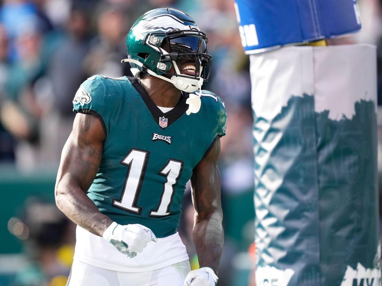 A.J. Brown celebrates after scoring a touchdown against the Tennessee Titans.