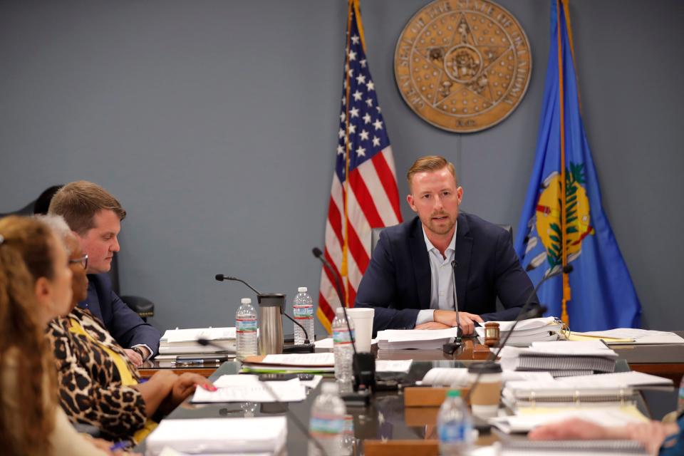 Oklahoma state schools Superintendent Ryan Walters speaks on Aug. 24 during an Oklahoma State Board of Education meeting.