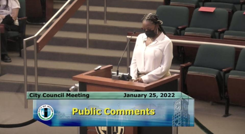 Sabrina Little-Brown speaks during the public comments segment of an Irvine City Council meeting in Irvine, California on Jan. 25, 2022. (Credit: Irvine City Council)