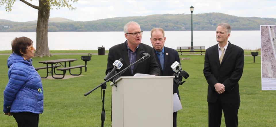 Scott Milich, whose family sold their property at 20 New Valley Road (Davies Farm) in New City, delivers remarks at Paul Piperato Haverstraw Bay Park, April 25, 2023. Rockland County Executive Ed Day announced that the county has purchased two properties which will be preserved under the county's Open Space Acquisition Program. The other property is at 1015 & 1019 Route 45 in Pomona.