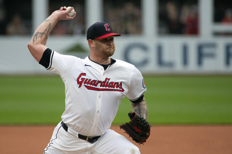 Cleveland Guardians starting pitcher Ben Lively delivers against the Los Angeles Angels during the first inning of a baseball game in Cleveland Saturday, May 4, 2024. (AP Photo/Phil Long)