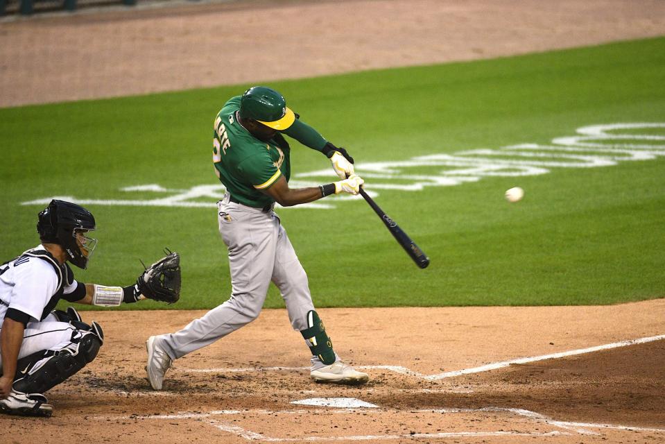Oakland Athletics center fielder Starling Marte (2) hits a double against the Detroit Tigers during the third inning at Comerica Park on August, 31 2021.
