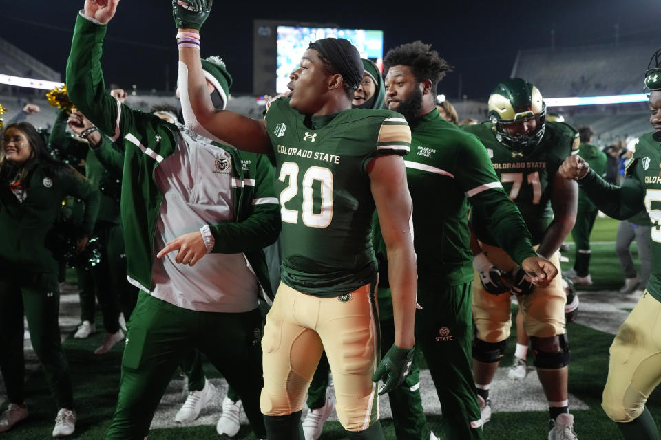 Colorado State defensive back Jaylen Gardner celebrates after a last-second victory over Boise State in an NCAA college football game Saturday, Oct. 14, 2023, in Fort Collins, Colo. (AP Photo/David Zalubowski)