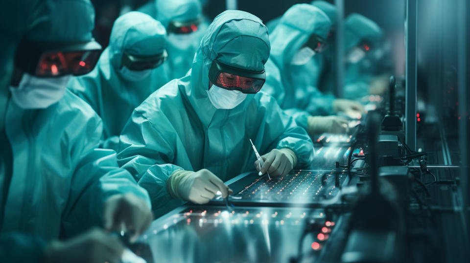 An assembly line of specialists in goggles and face masks building electronic components.