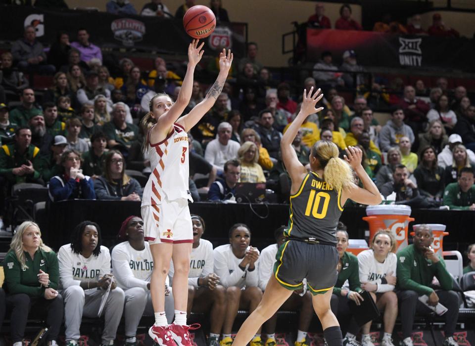 Iowa State's Denae Fritz shoots a 3-pointer against Baylor in the Big 12 Tournament March 10 in Kansas City.