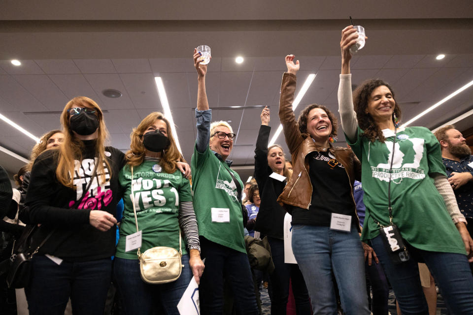 Abortion-rights supporters celebrate the adoption of Issue 1, a measure to enshrine a right to abortion in Ohio's Constitution, in Columbus, Ohio, on Nov. 7, 2023. / Credit: MEGAN JELINGER/AFP via Getty Images