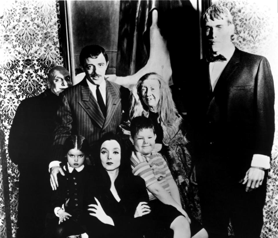 The original cast of the 1960s "Addams Family" show (clockwise from far left: 
Jackie Coogan as Uncle Fester, John Astin as Gomez, Blossom Rock as Grandma, Ted Cassidy as Lurch, Ken Weatherwax as Pugsley, Carolyn Jones as Morticia and Lisa Loring as Wednesday.