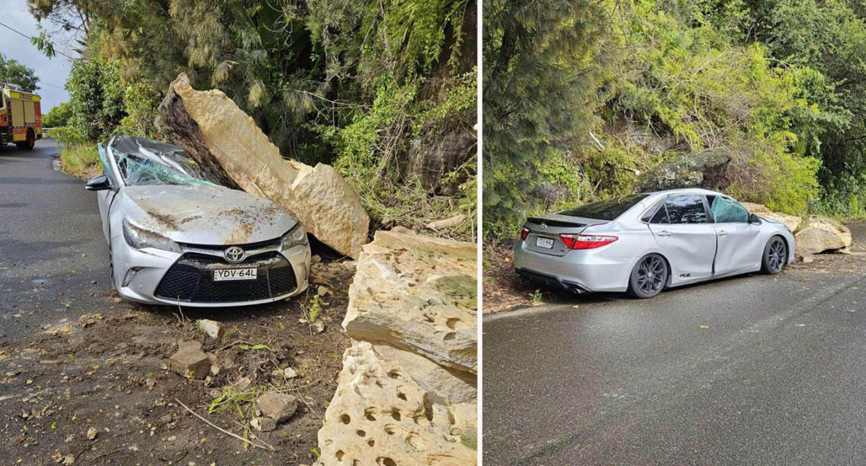 Silver sedan car parked on side of Whale Beach Road, Palm Beach after a large slab of sandstone fell on top of it during a landslide. 