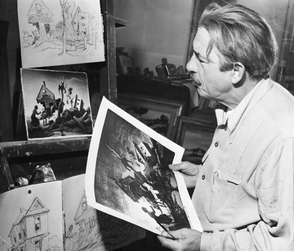 Thomas Hart Benton in his studio next to his home at 3616 Belleview in 1951.