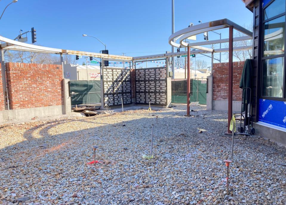 The courtyard under construction on April 4, 2023, at Bell Plaza, which sits between the Shasta Bike Depot and Pipeline Redding restaurant.