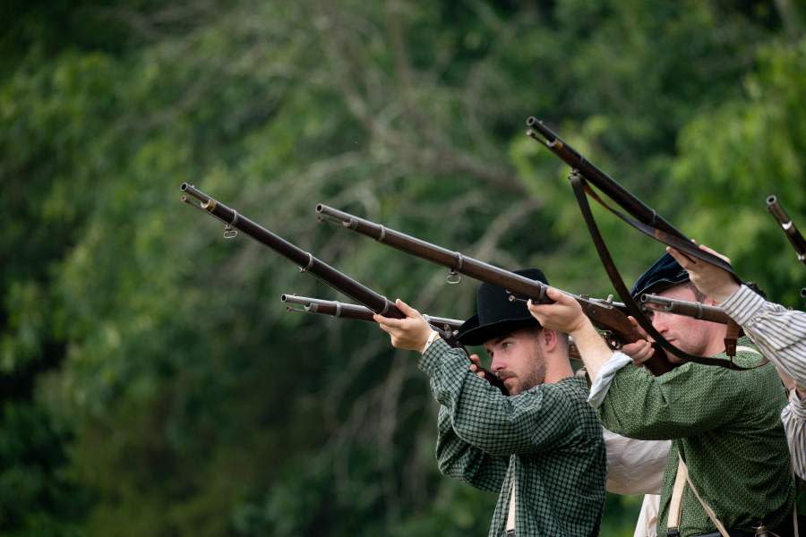 Reenactors practice near their camps during the 160th reenactment of the Battle of Gettysburg, at Daniel Lady Farm in Gettysburg, Pennsylvania, on June 30, 2023. The Battle of Gettysburg, which is considered to be the bloodiest battle ever fought on US soil, occurred from July 1-July 3, 1863 during the US Civil War. Approximately 10,000 Union and Confederate troops were left dead, and another 30,000 wounded. Each year, the Gettysburg Battlefield Preservation Association holds a reenactment on the weekend closest to the original battle, hosting living history demonstrations and military reenactments to help teach people the history of the Civil War battle. (Photo by Stefani Reynolds / AFP) (Photo by STEFANI REYNOLDS/AFP via Getty Images)