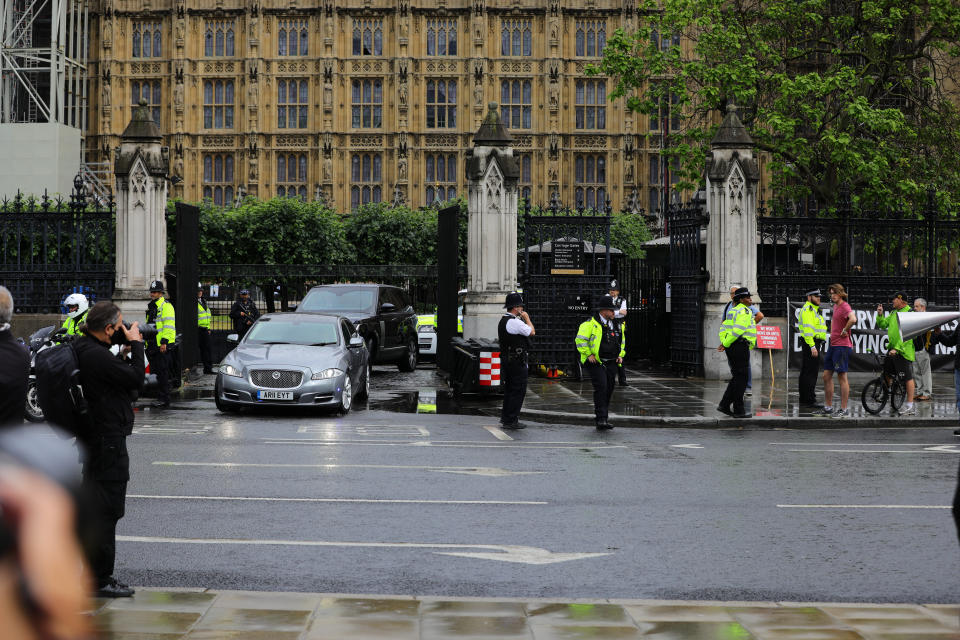 Prime Minister Boris Johnson's leaving the Houses of Parliament, Westminster. A man, who had been demonstrating about Turkey's operation against Kurdish rebels in northern Iraq, was taken into the Palace of Westminster by officers after running in front of the Prime Minister's car. (Photo by Aaron Chown/PA Images via Getty Images)