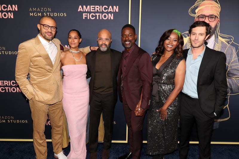 Cord Jefferson, left, Tracee Ellis Ross, Jeffrey Wright, Sterling K. Brown, Erika Alexander and Adam Brody attend the Los Angeles Premiere of MGM’s “American Fiction” at Academy Museum of Motion Pictures on December 05, 2023 in Los Angeles, California.