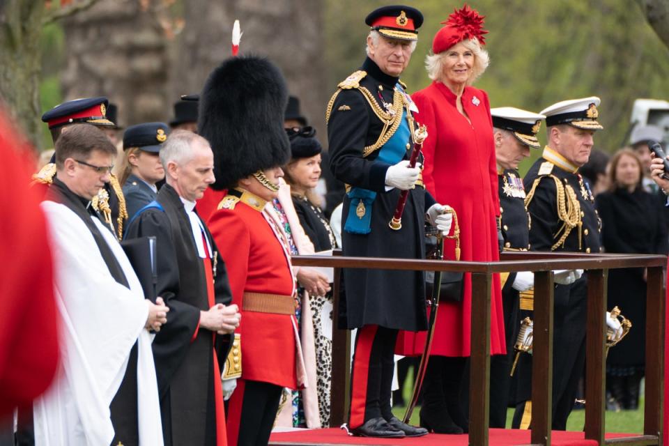 King Charles III and the Queen Consort attend a ceremony to present new Standards and Colours to the Royal Navy, the Life Guards of the Household Cavalry Mounted Regiment, The King's Company of the Grenadier Guards and The King's Colour Squadron of the Royal Air Force (Getty Images)