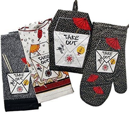 Chinese Take Out Kitchen Towel Oven Mitt Pot Holder Set<br />$24.99, <a href="https://www.amazon.com/Chinese-Take-Kitchen-Towel-Holder/dp/B001LD5BBS" target="_blank">Amazon.</a>