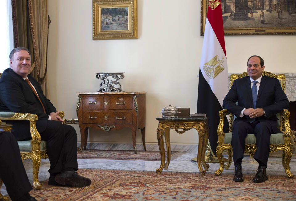 U.S. Secretary of State Mike Pompeo, left, meets with Egyptian President Abdel-Fattah el-Sissi in Cairo, Egypt, Thursday, Jan. 10, 2019. Pompeo is in Cairo for talks with Egyptian leaders as he continues a nine-nation Middle East tour aimed at reassuring America's Arab partners that the Trump administration is not walking away from the region. (Andrew Caballero-Reynolds/Pool Photo via AP)