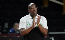 Nigeria's head coach Michael Brown reacts during men's basketball preliminary round game between Italy and Nigeria at the 2020 Summer Olympics, Saturday, July 31, 2021, in Saitama, Japan. (AP Photo/Charlie Neibergall)