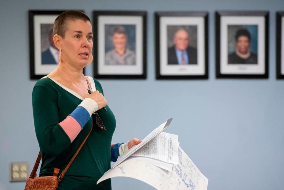 Mississippi Rising Coalition President Lea Campbell asks the Harrison County School Board to make changes to their dress code during a Harrison County School Board meeting at the Central Office in Gulfport on Monday, June 5, 2023.