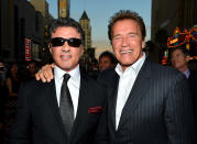 Sylvester Stallone and Arnold Schwarzenegger at the Los Angeles premiere of "the Expendables 2" on Auguest 15, 2012.