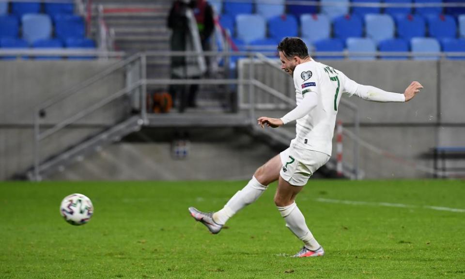 Alan Browne strikes the penalty that was saved during the shootout.