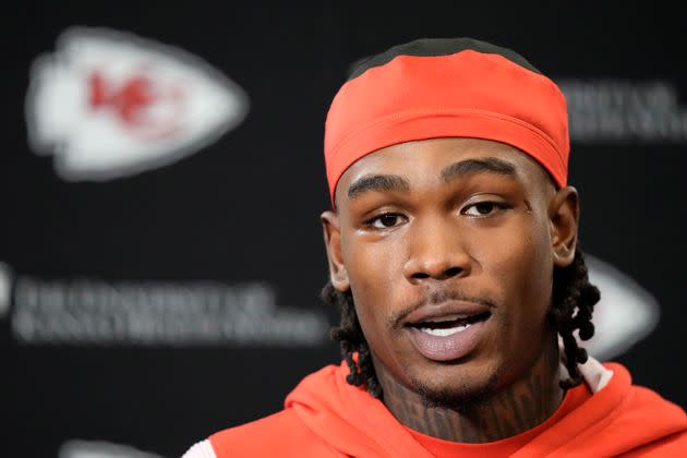 Kansas City Chiefs wide receiver Rashee Rice speaks to the media before the NFL football team's practice on Jan. 25 in Kansas City, Missouri.