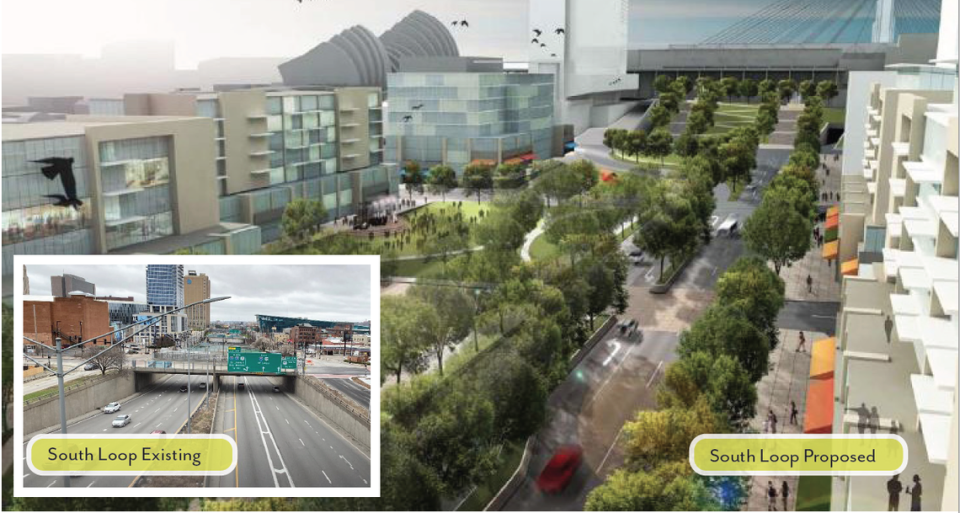 This rendering shows how the South Loop in downtown Kansas City could be covered to connect the Crossroads Arts District with the central business district.