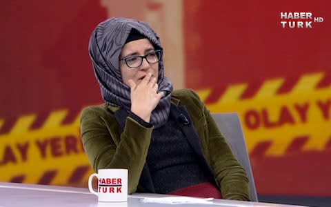 Hatice Cengiz, Khashoggi's fiancee, talks to Haberturk TV about the day he went missing - Credit: AP