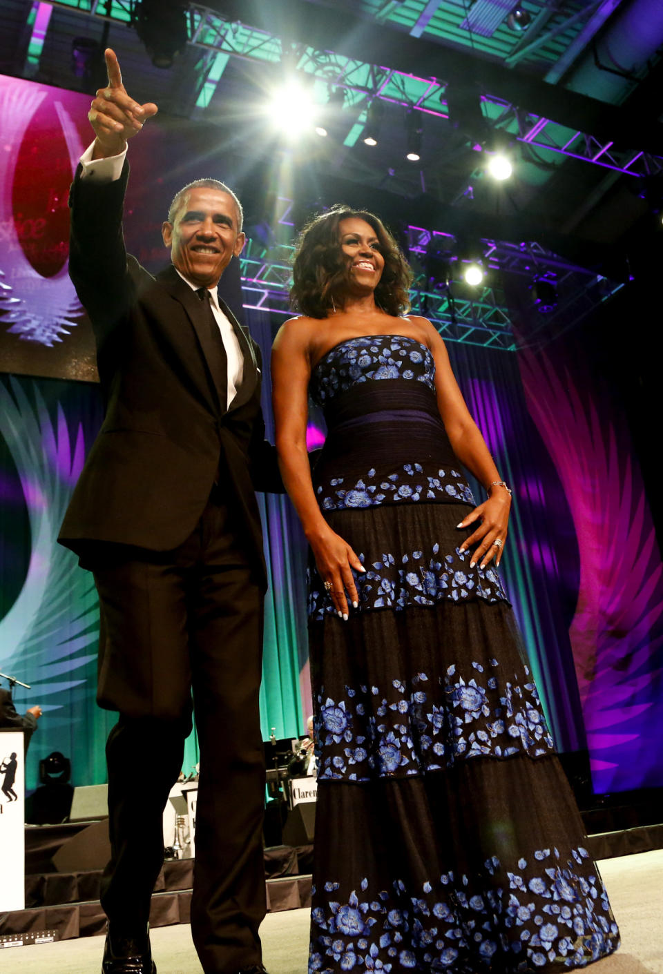 President Barack Obama and first lady Michelle Obama on stage before speaking at the Congressional Black Caucus Foundation’s 45th Annual Legislative Conference Phoenix Awards Dinner at the Walter E. Washington Convention Center in Washington, DC. 