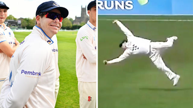Steve Smith smiling and Smith taking a catch at slip.