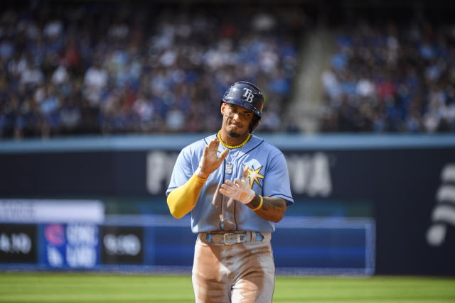 April 14, 2023, TORONTO, ON, CANADA: Tampa Bay Rays' Wander Franco (5)  walks off the field after flying out during eighth inning MLB baseball  action against the Toronto Blue Jays, in Toronto