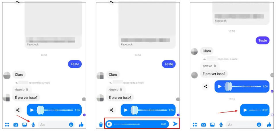 <em>Utilize o ícone de microfone na conversa para gravar e enviar áudio no Messenger (Captura de tela: Rodrigo Folter)</em>