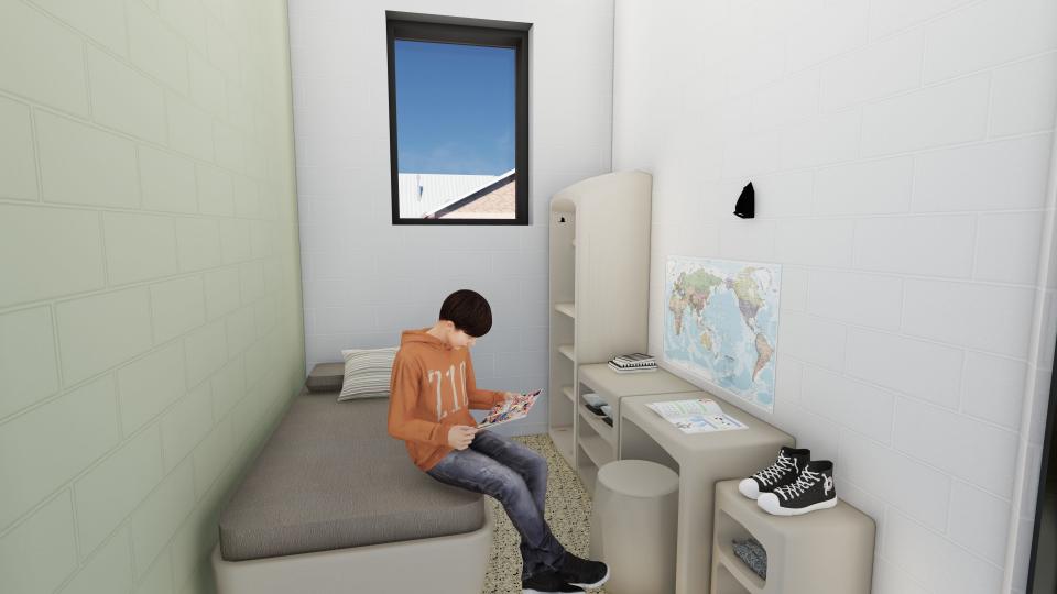 A rendering of a bedroom at the Buckeye Ranch's residential treatment facility for youth needing mental health treatment. There was a groundbreaking for the center, set to open in 2025, in November 2023. The facility is part of a partnership with Nationwide Children's Hospital.