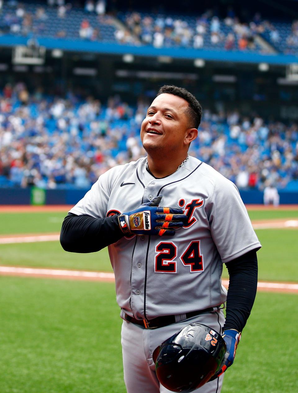 Detroit Tigers hitter Miguel Cabrera celebrates with fans on a curtain call after hitting his 500th career home run in the sixth inning against the Toronto Blue Jays at Rogers Centre on Aug. 22, 2021 in Toronto.