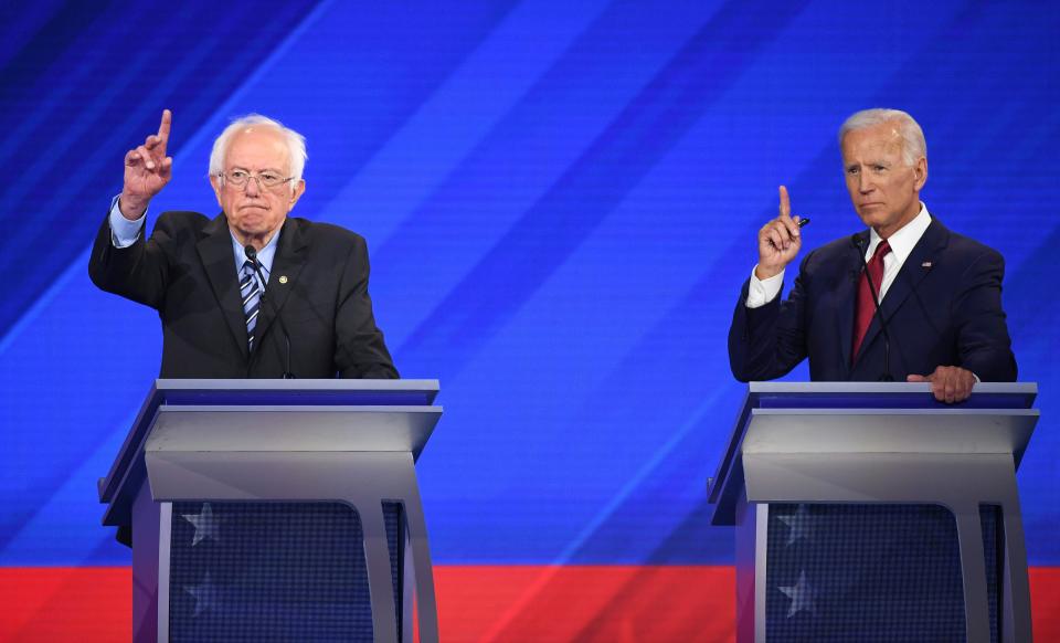 Democratic presidential hopefuls Senator of Vermont Bernie Sanders (R) and Former Vice President Joe Biden (R) during the third Democratic primary debate of the 2020 presidential campaign season hosted by ABC News in partnership with Univision at Texas Southern University in Houston, Texas on September 12, 2019. (Photo: Robyn Beck/AFP/Getty Images)