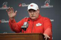 Kansas City Chiefs coach Andy Reid talks during a news conference for this weeks AFC conference championship NFL football game at Arrowhead Stadium in Kansas City, Mo., Wednesday, Jan. 15, 2020. (AP Photo/Orlin Wagner)