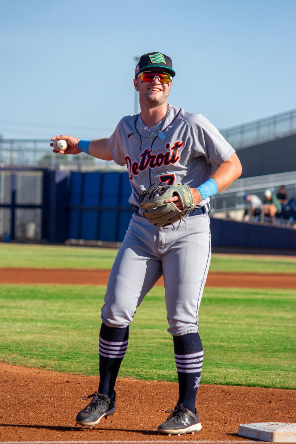 Detroit Tigers infielder Jace Jung plays third base for the Salt River Rafters in the Arizona Fall League on November 1, 2023 in Peoria, Arizona.